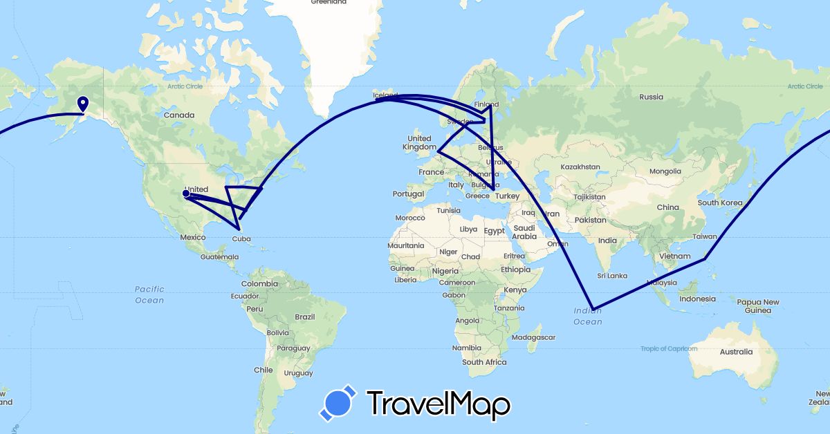TravelMap itinerary: driving in Estonia, Finland, British Indian Ocean Territory, Iceland, Japan, Netherlands, Philippines, Sweden, Turkey, United States (Asia, Europe, North America)